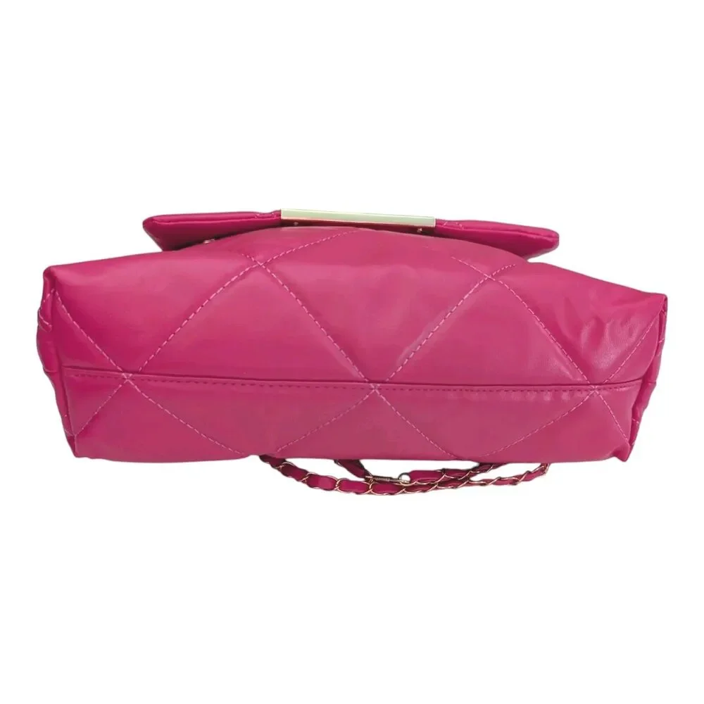 Pink Quilted Pattern Shoulder Crossbody Purse With Metal Decor Chain Strap